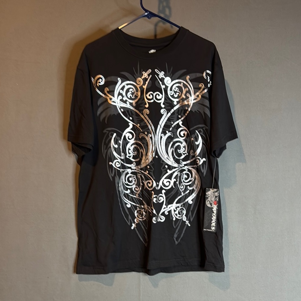 Delf Trading Black Graphic T-Shirt with White and Silver Design size XLarge